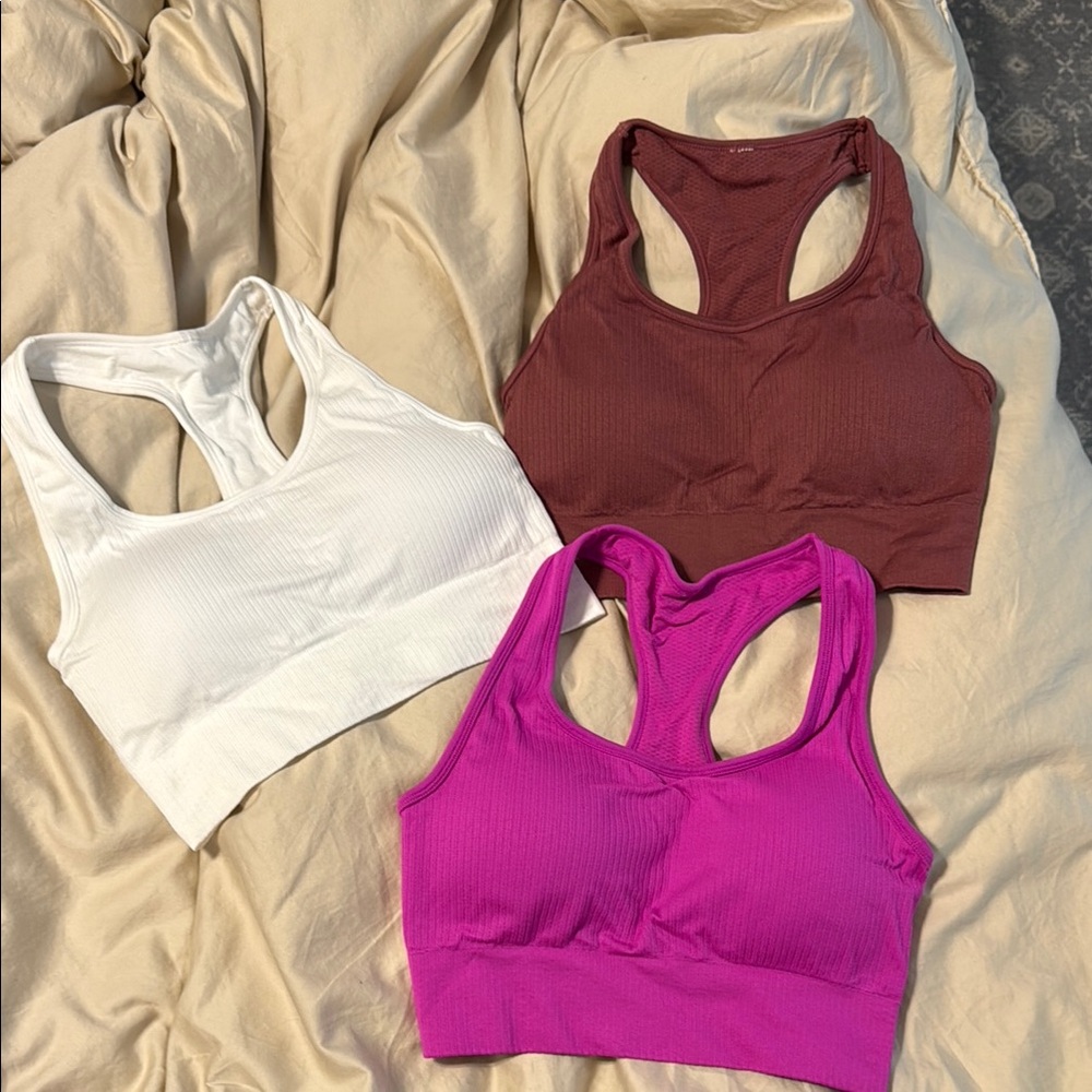 90 Degree Racerback Sports Bra Set - (Medium) White, Brown, and Mauve
